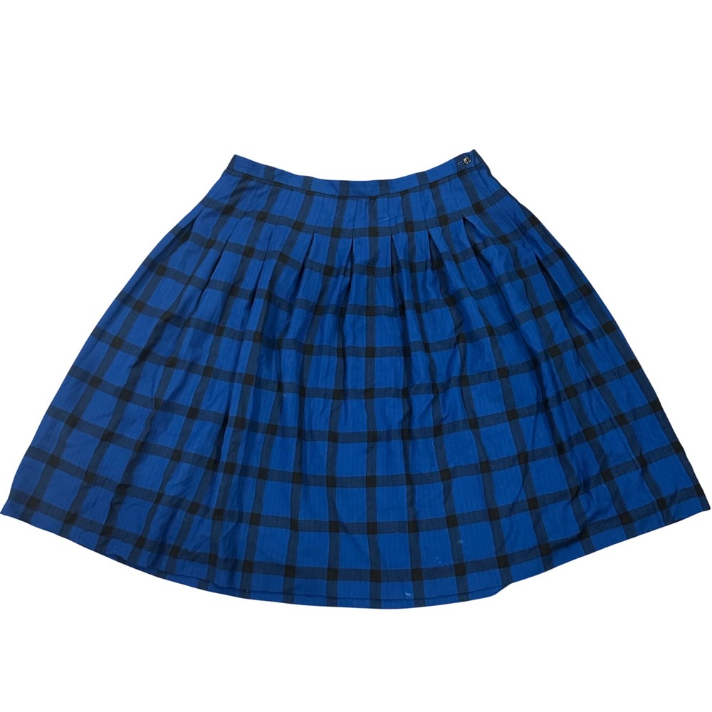 Vintage Pendleton Blue Black Buffalo Plaid Wool Pleated Midi Skirt Sz XL FLAW